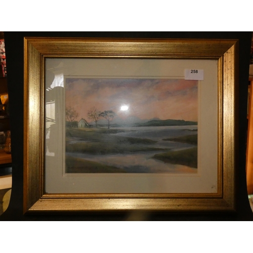 258 - FRAMED WATERCOLOUR OF SUNSET