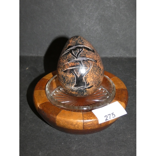 275 - MARBLE CARVED EGG AND WOOD CARVED BOWL WITH GLASS INSERT