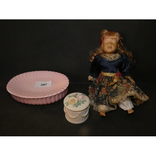 297 - PINK PORCELAIN SOAP DISH, RING BOX AND VINTAGE DOLL