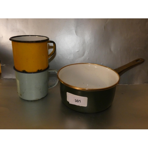 301 - VINTAGE ENAMEL COFFEE CUPS AND MILK POT