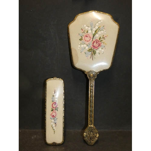 518 - BRASS AND EMBROIDERY VINTAGE BRUSH AND MIRROR