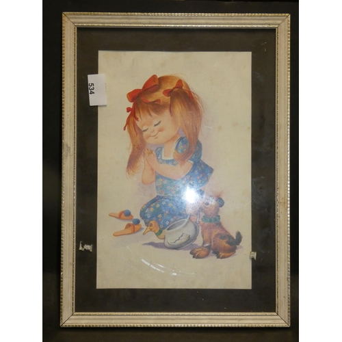 534 - VINTAGE FRAMED PICTURE GIRL WITH DOG