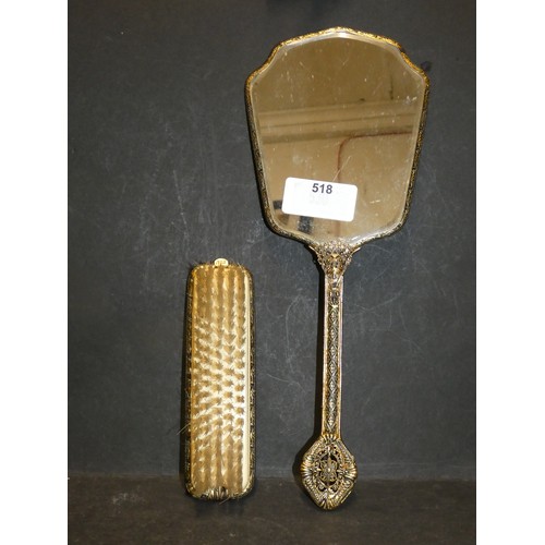 518 - BRASS AND EMBROIDERY VINTAGE BRUSH AND MIRROR