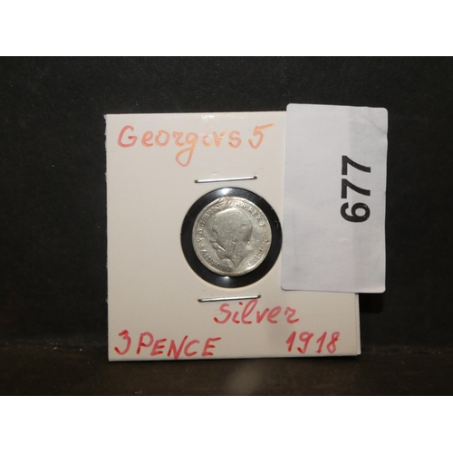 677 - SILVER OLD GEORGIVS 5 THREE PENCE COIN-1918