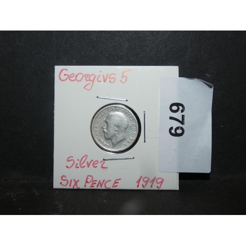 679 - SILVER OLD GEORGIVS 5 SIX PENCE COIN-1919