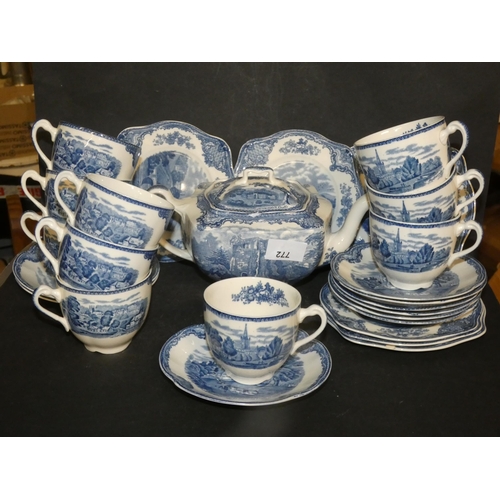 772 - JOHNSTON BROS PORCELAIN - BRITAIN CASTLE LARGE BLUE AND WHITE TEA SET INCLUDING THE TEAPOT