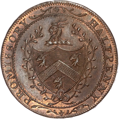 1061 - London- Chandos Street, William Allen (shoemaker and seller) Halfpenny 1795, Allen family arms, rev.... 