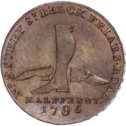 1096 - London – Blackfriars, Barnet Guest (boot & shoe manufacturer) Halfpenny 1795, Boot and two shoes, re... 