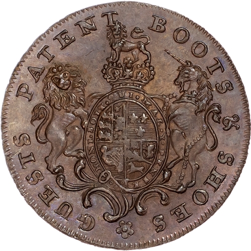 1096 - London – Blackfriars, Barnet Guest (boot & shoe manufacturer) Halfpenny 1795, Boot and two shoes, re... 