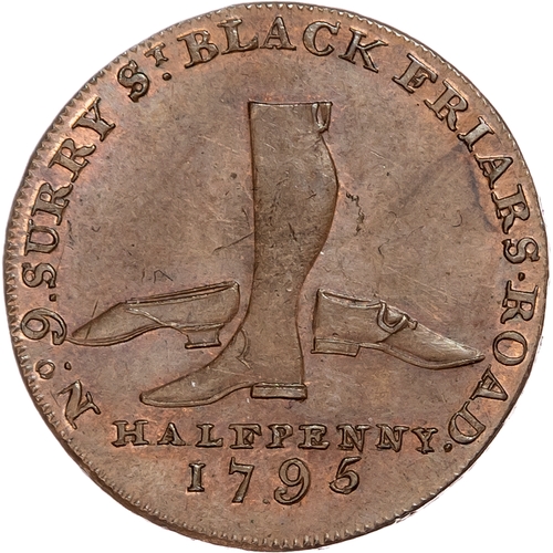 1096 - London – Blackfriars, Barnet Guest (boot & shoe manufacturer) Halfpenny 1795, Boot and two shoes, re... 