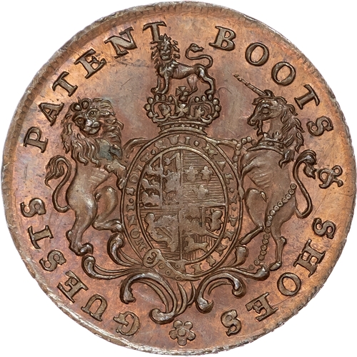 1096 - London – Blackfriars, Barnet Guest (boot & shoe manufacturer) Halfpenny 1795, Boot and two shoes, re... 