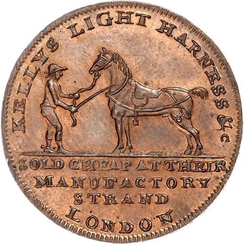 1121 - London – Strand, Jasper & Simon Kelly (saddle & harness makers) Halfpenny undated, Groom standing wi... 