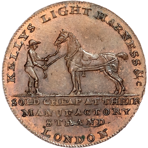 1121 - London – Strand, Jasper & Simon Kelly (saddle & harness makers) Halfpenny undated, Groom standing wi... 