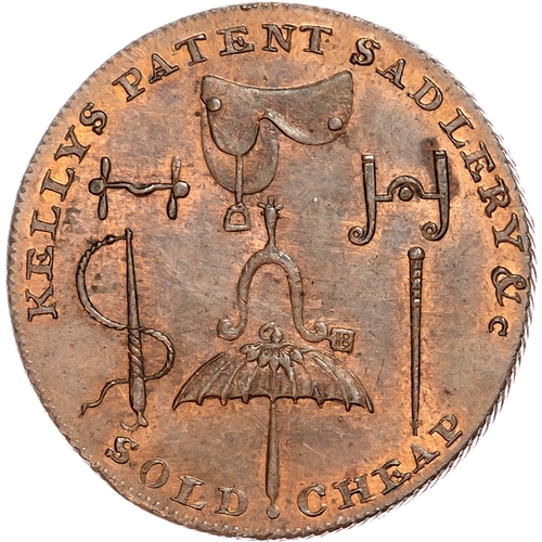 1121 - London – Strand, Jasper & Simon Kelly (saddle & harness makers) Halfpenny undated, Groom standing wi... 