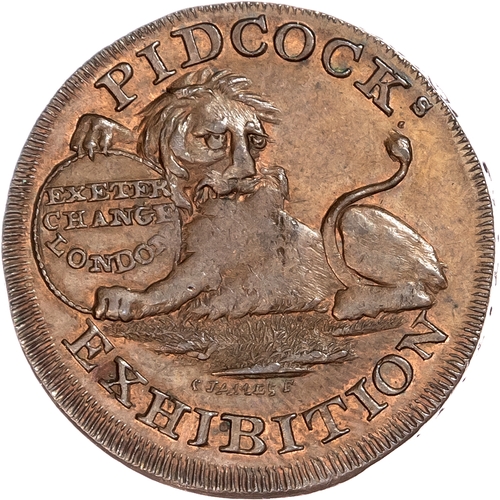 1158 - London - Strand, Gilbert Pidcock (zoo/menagerie owner) Halfpenny undated, Lion holding oval
bearing ... 