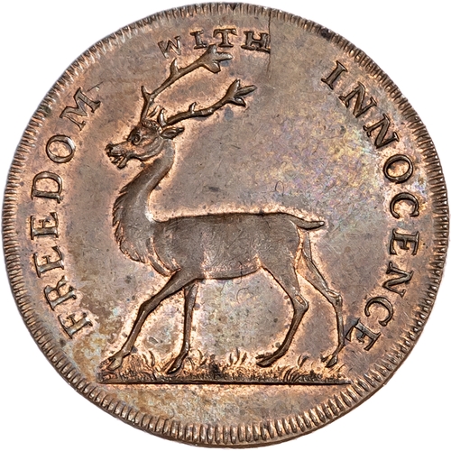 1415 - London Social Series, Lutwyche’s Buck Society Halfpenny 1796, stag walking left, rev. plough, edge P... 