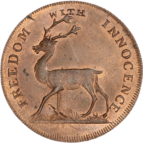 1415 - London Social Series, Lutwyche’s Buck Society Halfpenny 1796, stag walking left, rev. plough, edge P... 