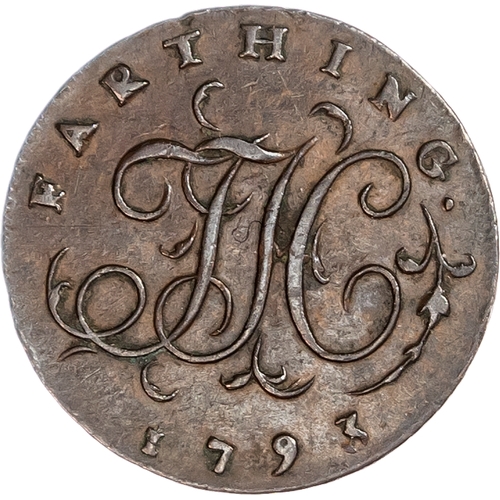 1426 - London, National Series, anonymous, crude Regal Evasion Farthing 1793, Draped bust of Isaac Newton l... 