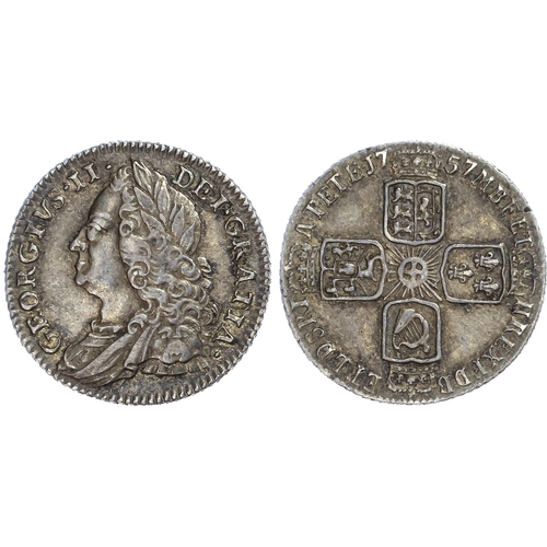 299 - Charles II silver threepence (S 3385), George II silver sixpence 1757 (S 3711), Victoria Godless si... 