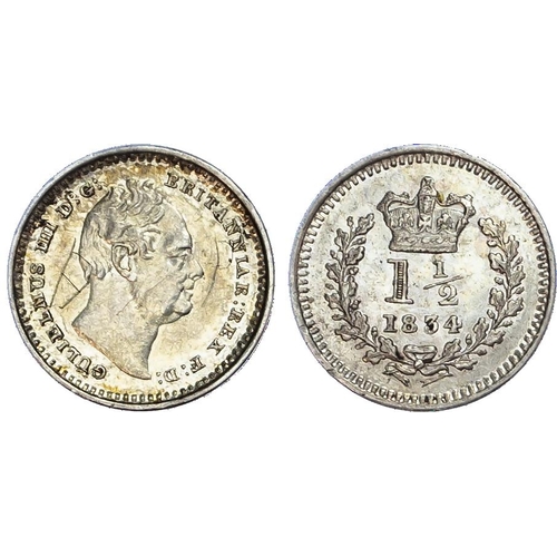 395 - William IV (1830-1837), ThreeHalfpence (2): 1834; 1836, bare head right, reverse crowned value abov... 