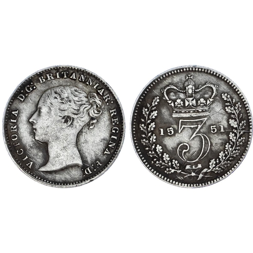 487 - Victoria (1837-1901), Silver Three Pence, 1851 (reads 1551), young head left, reverse crowned value ... 