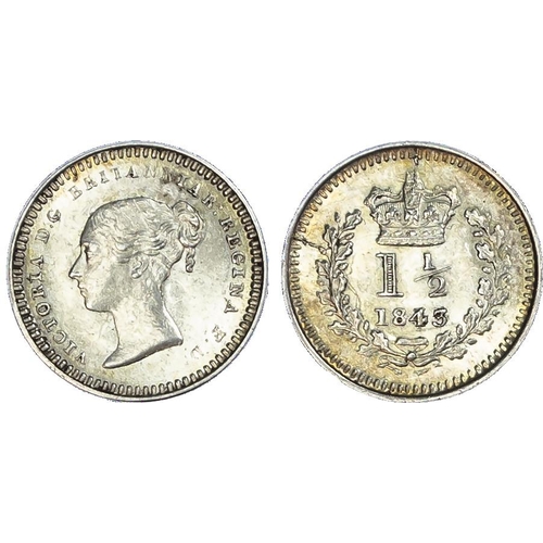 488 - Victoria (1837-1901), Three-Halfpence, 1843 over 34, young head left, reverse crowned value within w... 