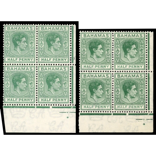 18 - 1938-46 ½ blocks with long ‘E’ varieties.  ½d green block of eighteen, ½d blue-green corner blo... 