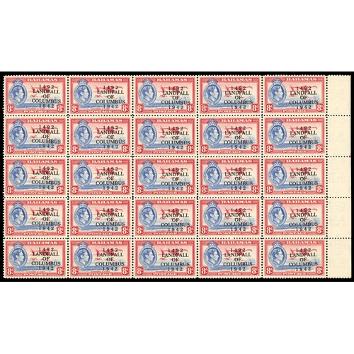 37 - 1942 Landfall 8d ultramarine and scarlet marginal block of twenty-five, the second stamp with R5/2 C... 