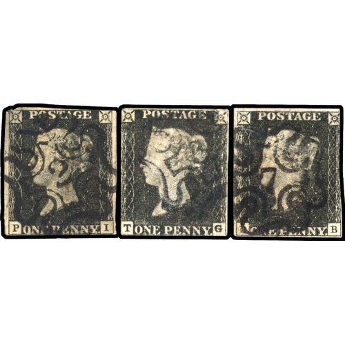 34 - 1840 1d Black. Fine used group of three London numbers in MC