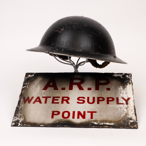 162 - Home Front Interest, WWII British Steel Helmet  , Air Raid Warden Door Plaque, ARP Water Supply Enam... 