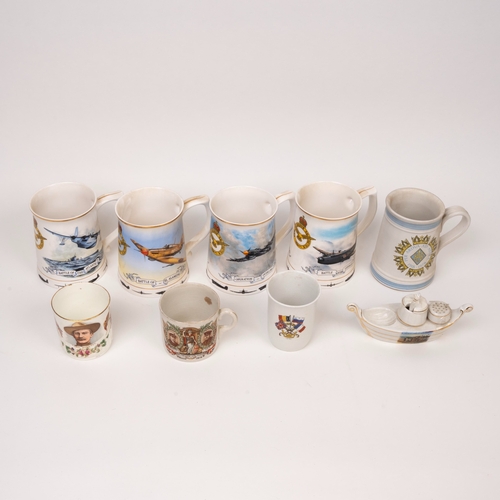 208 - China - collection including RAF commemorative tankard set, cups, condiment boats, thimbles etc.  (1... 