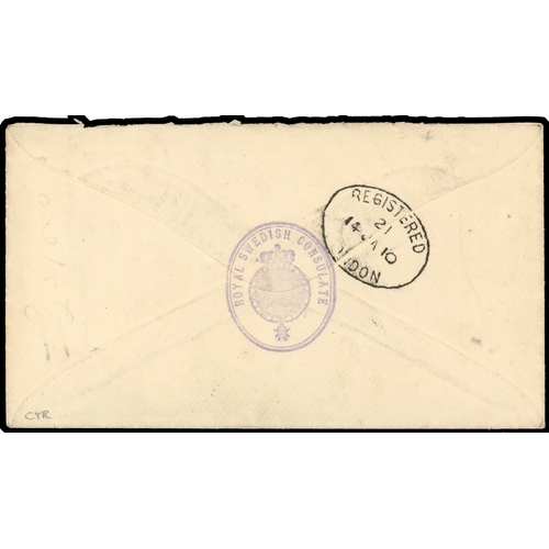 337 - 1910 registered cover to England, sent by the Swedish Consulate,  franked 1a (postage) and 2a (regis... 