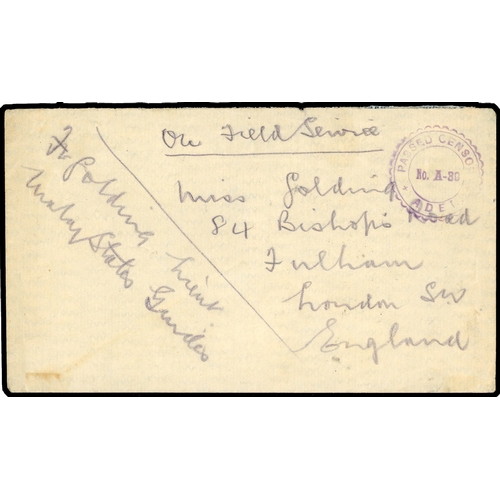 338 - 1916 stampless cover to London marked On Field Service, with violet PASSED CENSOR/No.A-39/ADEN h... 