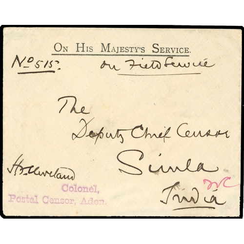 339 - 1916 stampless OHMS cover to India marked On Field Service signed by Colonel/Postal Censor, Aden... 