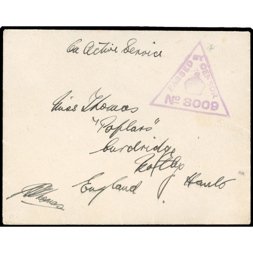 340 - 1917 'On Active Service' cover to Hampshire with triangular PASSED BY CENSOR/No. 3009 handstamp N1... 