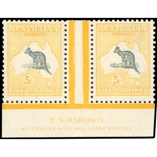 355 - 1915-27 Kangaroo 5s grey and yellow, wmk 6, lower marginal interpanneau pair