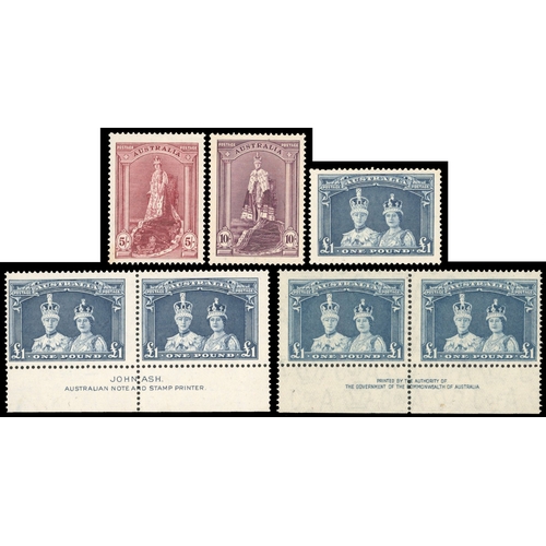 359 - 1937-49 Robes 5s, 10s and £1 set of 3, plus John Ash imprint lower left marginal imprint blocks of 4... 