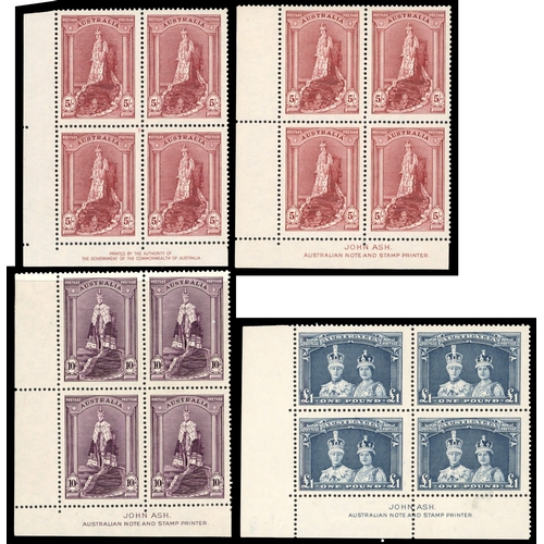 359 - 1937-49 Robes 5s, 10s and £1 set of 3, plus John Ash imprint lower left marginal imprint blocks of 4... 
