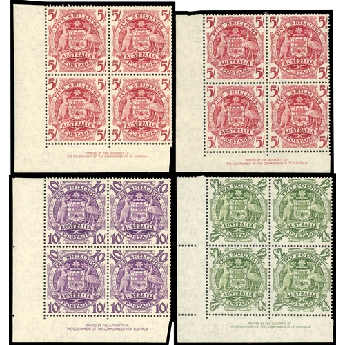 360 - 1948 5s, 5s thin paper 10s and £2 in lower left hand imprint blocks of 4 with 10s, £1 and £2 overpri... 