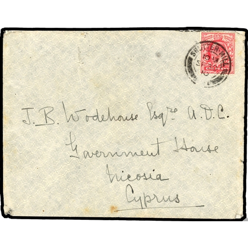 481 - 1910 incoming cover from UK to Nicosia franked 1d tied Shutter Mill cds SP 30 10 cds with SEA POS... 