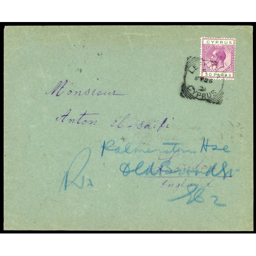 483 - 1921 cover to London franked 30pa violet and green, tied by scarce LEFKARA FE 26 21 squared circle... 