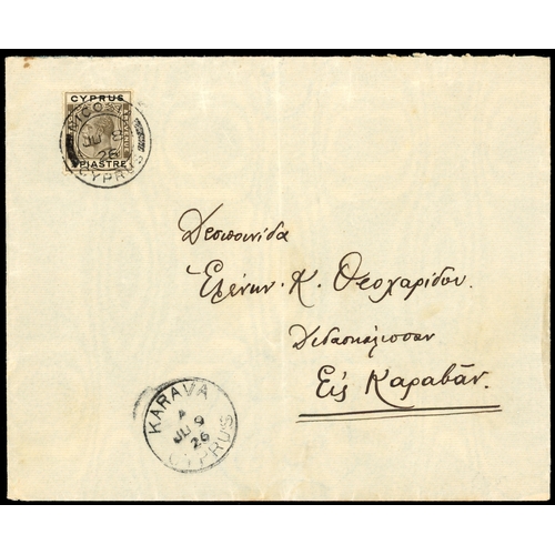 484 - 1926 local cover franked ¾pi brownish black and black, neatly tied Nicosia cds JU 8/26  with Kyren... 