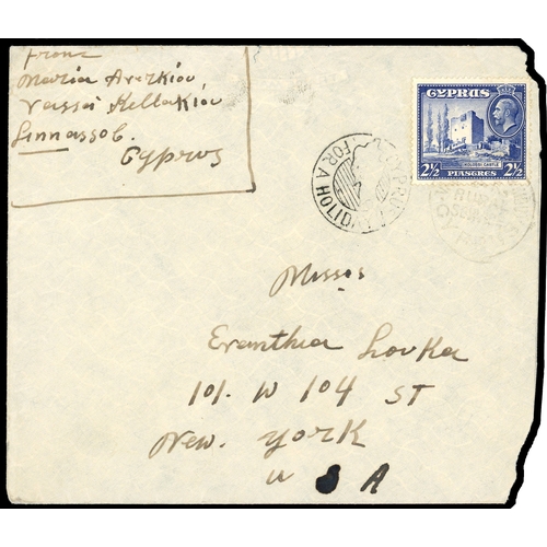 488 - c1937 envelope to new York franked 2½pi tied VASA KELLAKIOU GR RURAL SERVICE CYPRUS a very scarce ... 