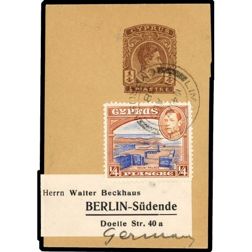 489 - 1938 ¼pi wrapper up-rated ¼pi, tied LIMASSOL 17 AUG 38 cds to Germany. Scarce H&G E14.