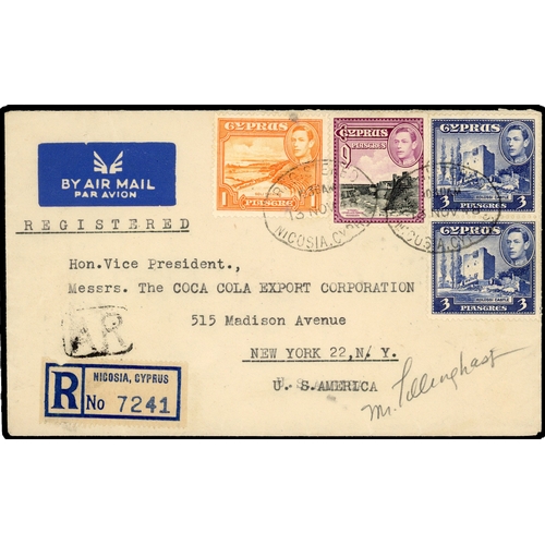 492 - 1948 registered (AR) air mail cover to New York franked 1pi, 2 x 3pi and 9pi tied Nicosia oval date ... 