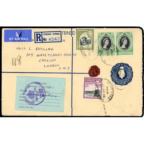 493 - 1953 KGVI 4pi registered stationery envelope (size H) to London , up-rated 2 x 1½pi Coronation, 9pi ... 