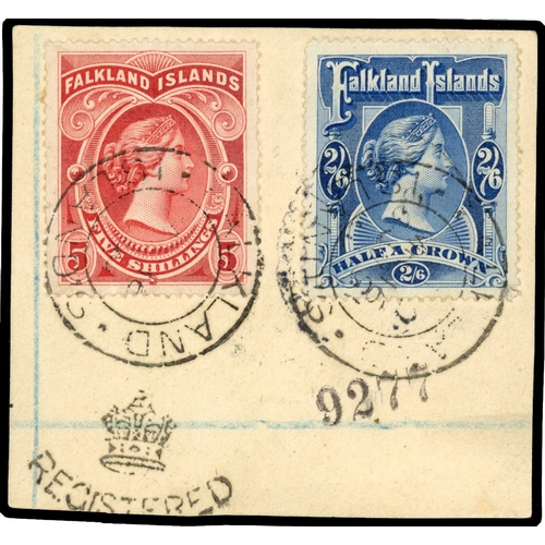 511 - 1898 2s6d blue and 5s red, tied to small piece