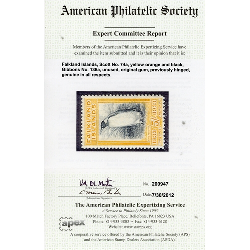 515 - 1933 Centenary 5s King Penguin black and yellow-orange, large part og