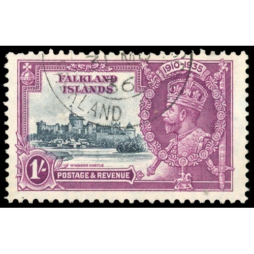 517 - Falkland Islands 1935 Silver Jubilee 1s variety Short extra flagstaff used