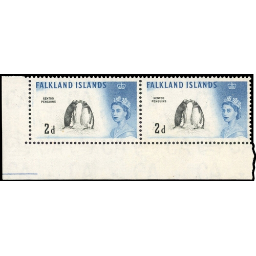 520 - 1960 Gentoo Penguins 2d black and blue, lower left marginal pair showing variety PARTIAL DOUBLE OF ... 